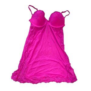 Victoria's Secret Fuchsia Pink Lace Trim Underwire Babydoll Slip 34C